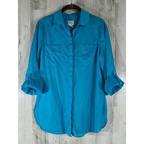 Chicos Button Up Shirt Size 0 Small Turquoise Sheer Rolltab Sleeve Placket READ - Picture 1 of 12